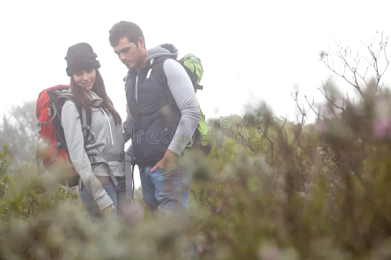 Couple meditating in peaceful mountain surroundings